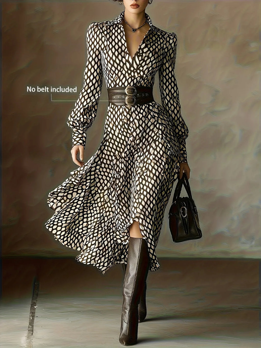 Front view of the geometric print shirt dress with pointed collar, V-neckline and full flowing skirt, belt sold separately