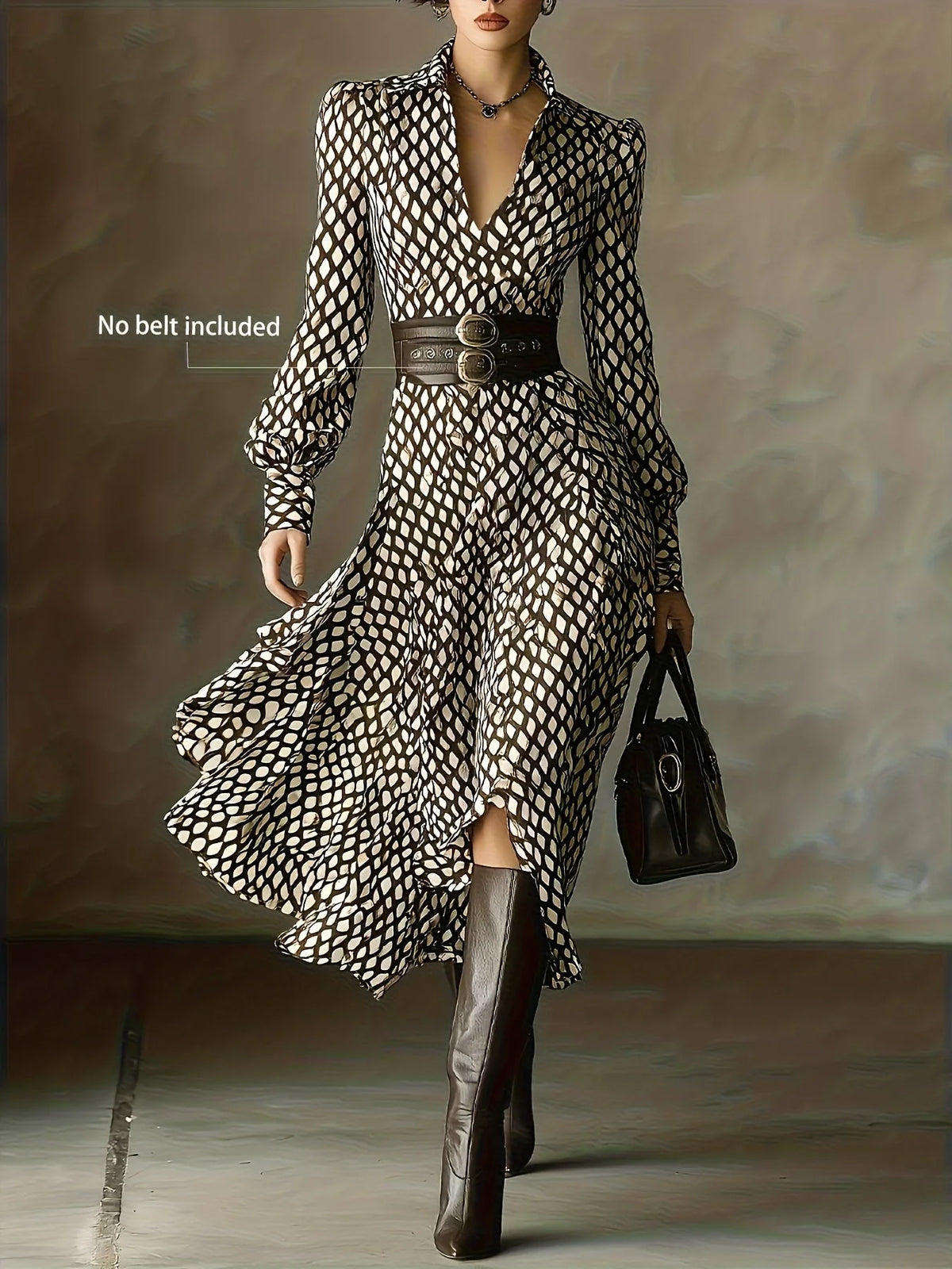 Close-up front shot showing the puff-sleeve bishop cuffs and button front of the diamond-print midi dress