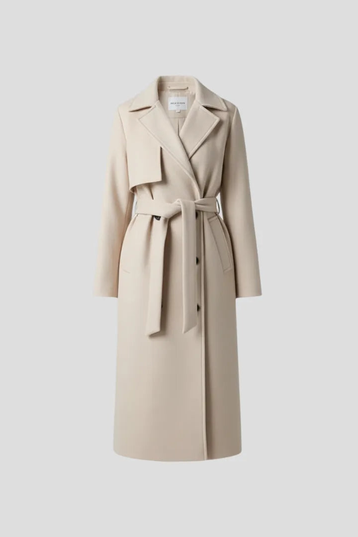 Beige belted longline coat shown flat on a mannequin form, highlighting the wrap front and tortoiseshell buttons