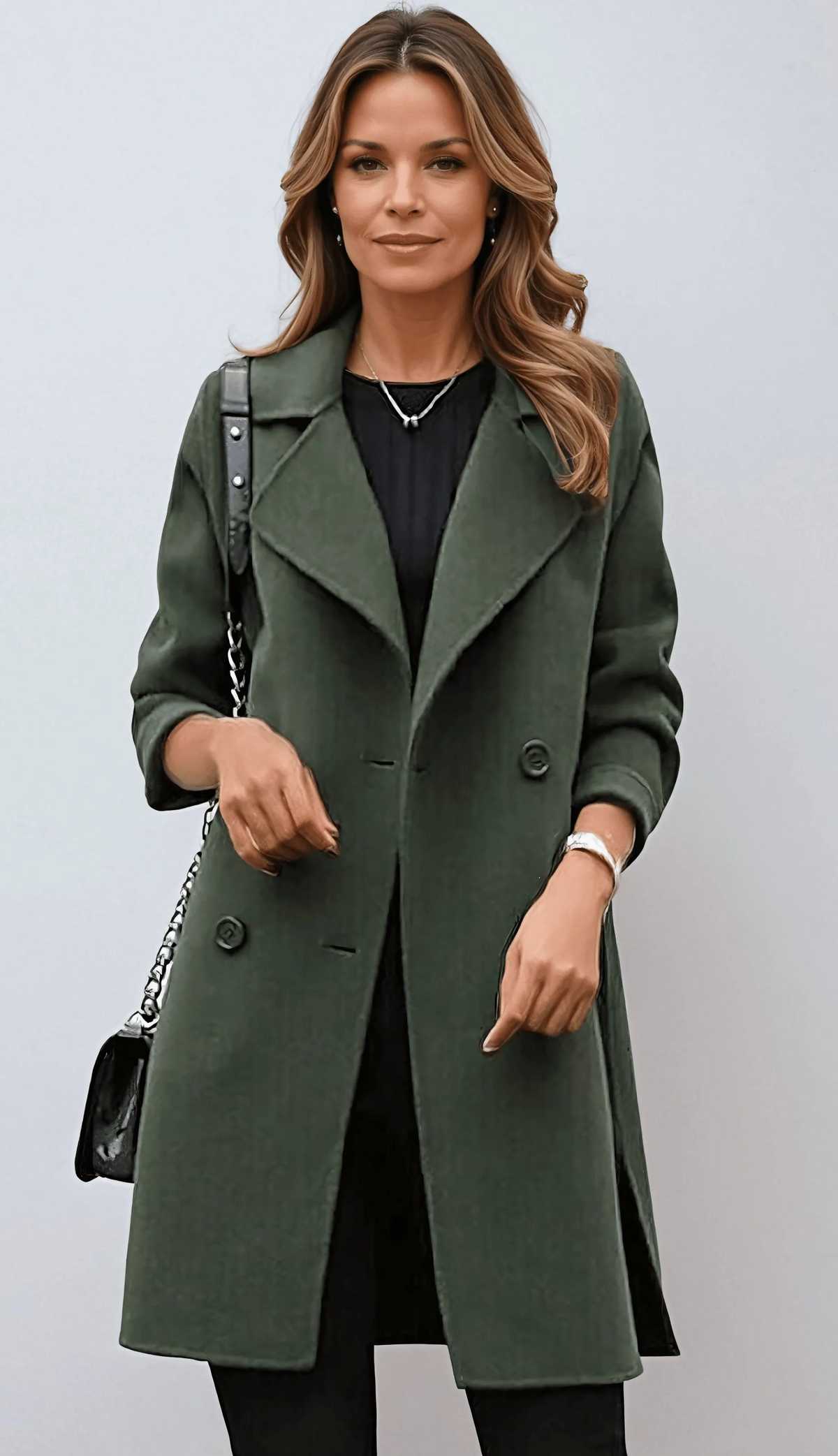 Front view of green longline coat with wide notch lapel, worn with a crossbody bag and black trousers