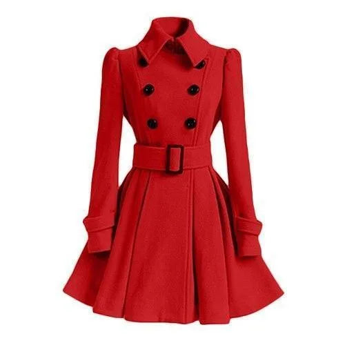 Red double-breasted skater-style wool coat with fitted waist, belt and flared pleated skirt