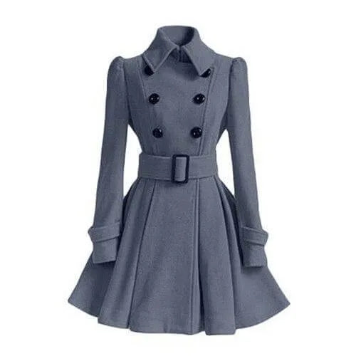 Grey double-breasted skater coat with structured collar, black buttons and buckled belt
