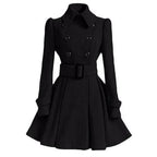 Black double-breasted wool coat with fitted bodice, belted waist and flared hem