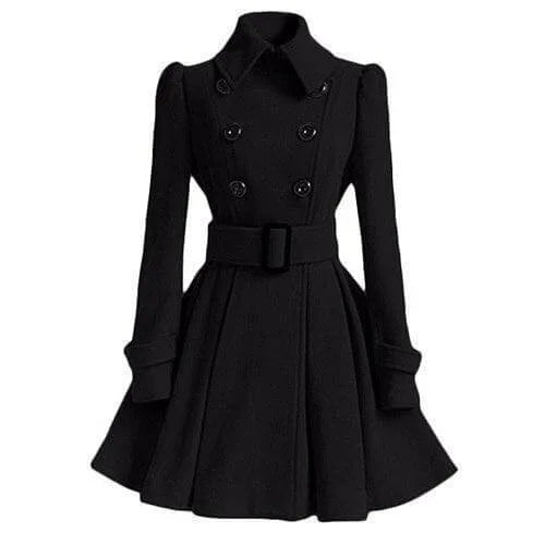 Black double-breasted wool coat with fitted bodice, belted waist and flared hem