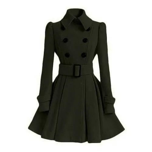 Dark green double-breasted skater coat shown with tall collar and pleated flared skirt