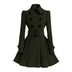 Dark green double-breasted skater coat shown with tall collar and pleated flared skirt