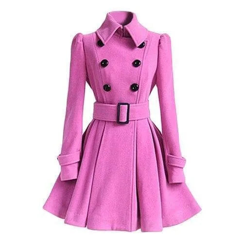 Bright pink double-breasted wool coat with belt, black buttons and A-line flared hem
