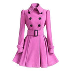 Bright pink double-breasted wool coat with belt, black buttons and A-line flared hem