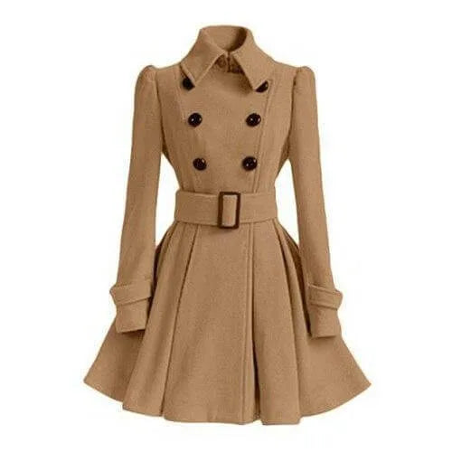 Camel double-breasted skater coat with structured collar and cinched buckle belt