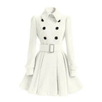 White double-breasted wool coat with black buttons, belted waist and flared pleated skirt