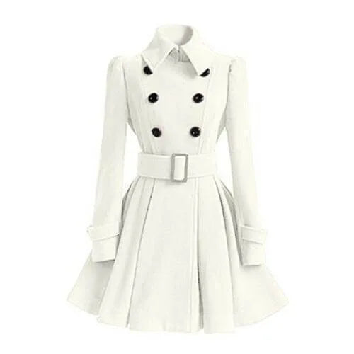 White double-breasted wool coat with black buttons, belted waist and flared pleated skirt