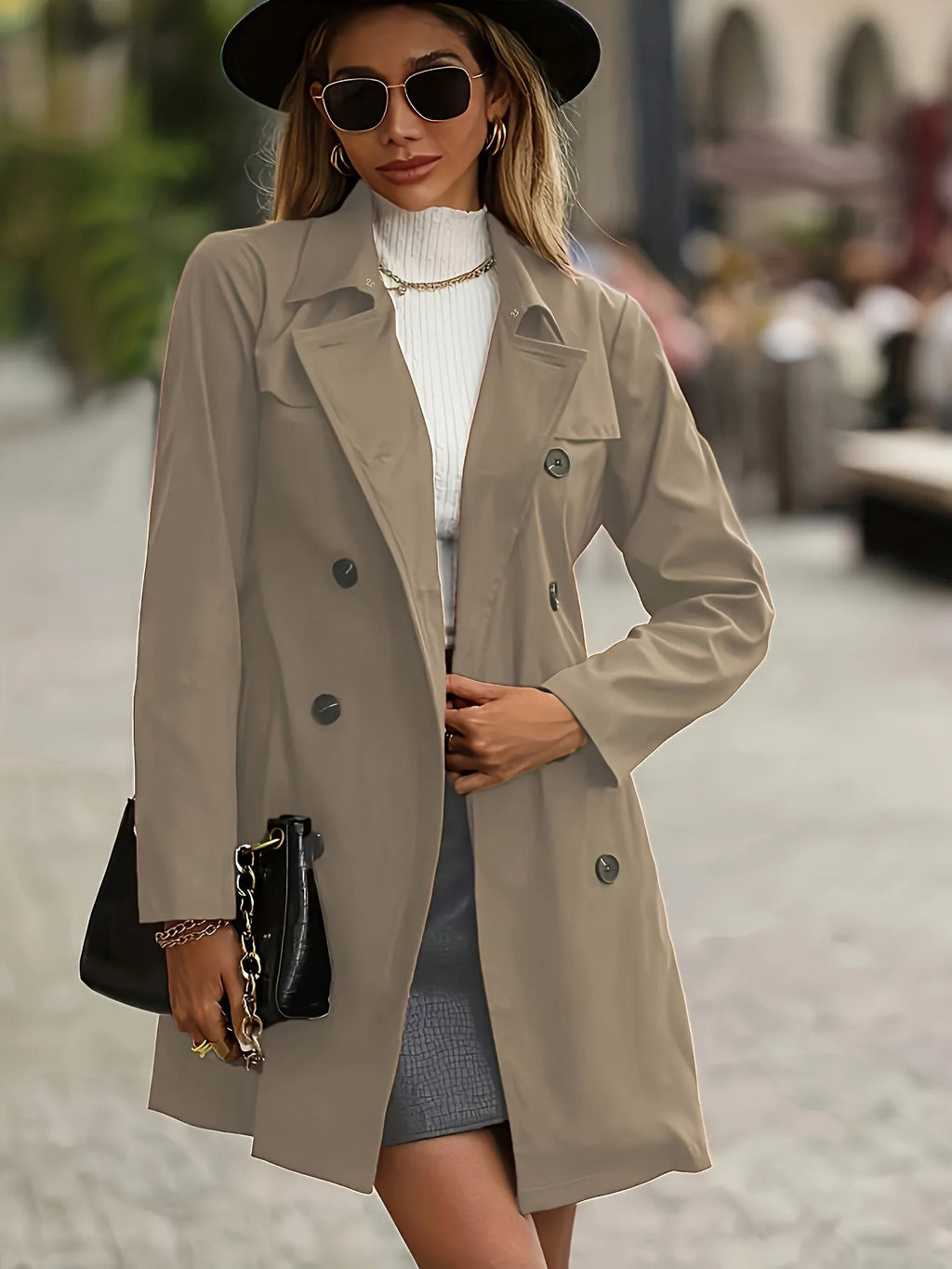 Front view of a caramel trench coat styled with a black leather mini skirt and black handbag