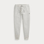 Light grey marl double-knit joggers laid flat, showing elasticated drawstring waist and embroidered Pony logo
