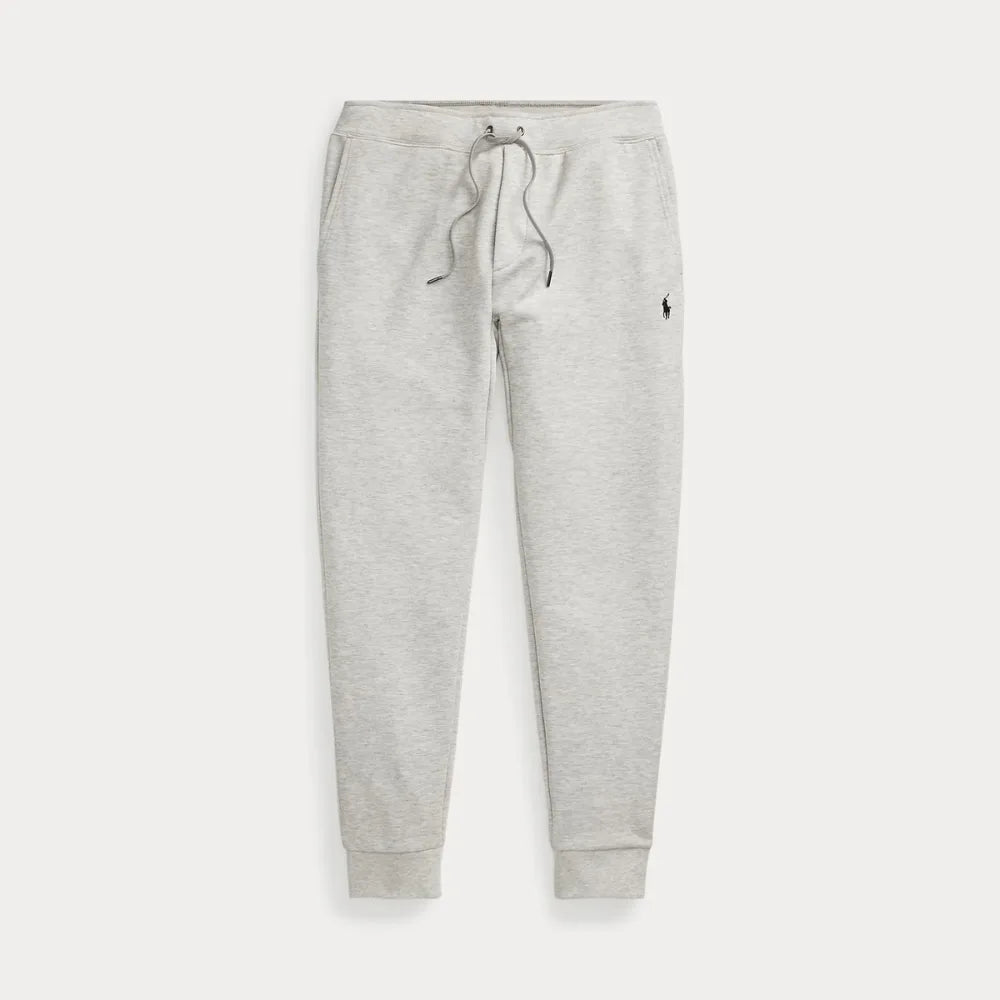 Light grey marl double-knit joggers laid flat, showing elasticated drawstring waist and embroidered Pony logo