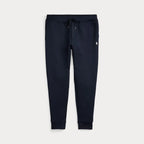 Navy double-knit joggers laid flat, showing drawstring waistband and tapered leg shape