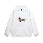 White hoodie laid flat showing the front pouch pocket and colourful dachshund dog embroidery