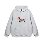 Grey hoodie laid flat, front view, showing ribbed cuffs, hood and the embroidered dog design
