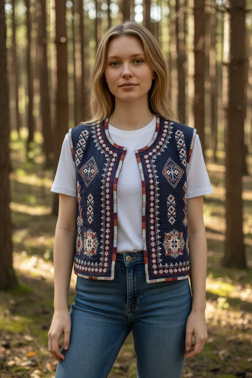 Woman wearing a navy embroidered sleeveless gilet with floral patchwork detail over a white t-shirt in a forest setting.