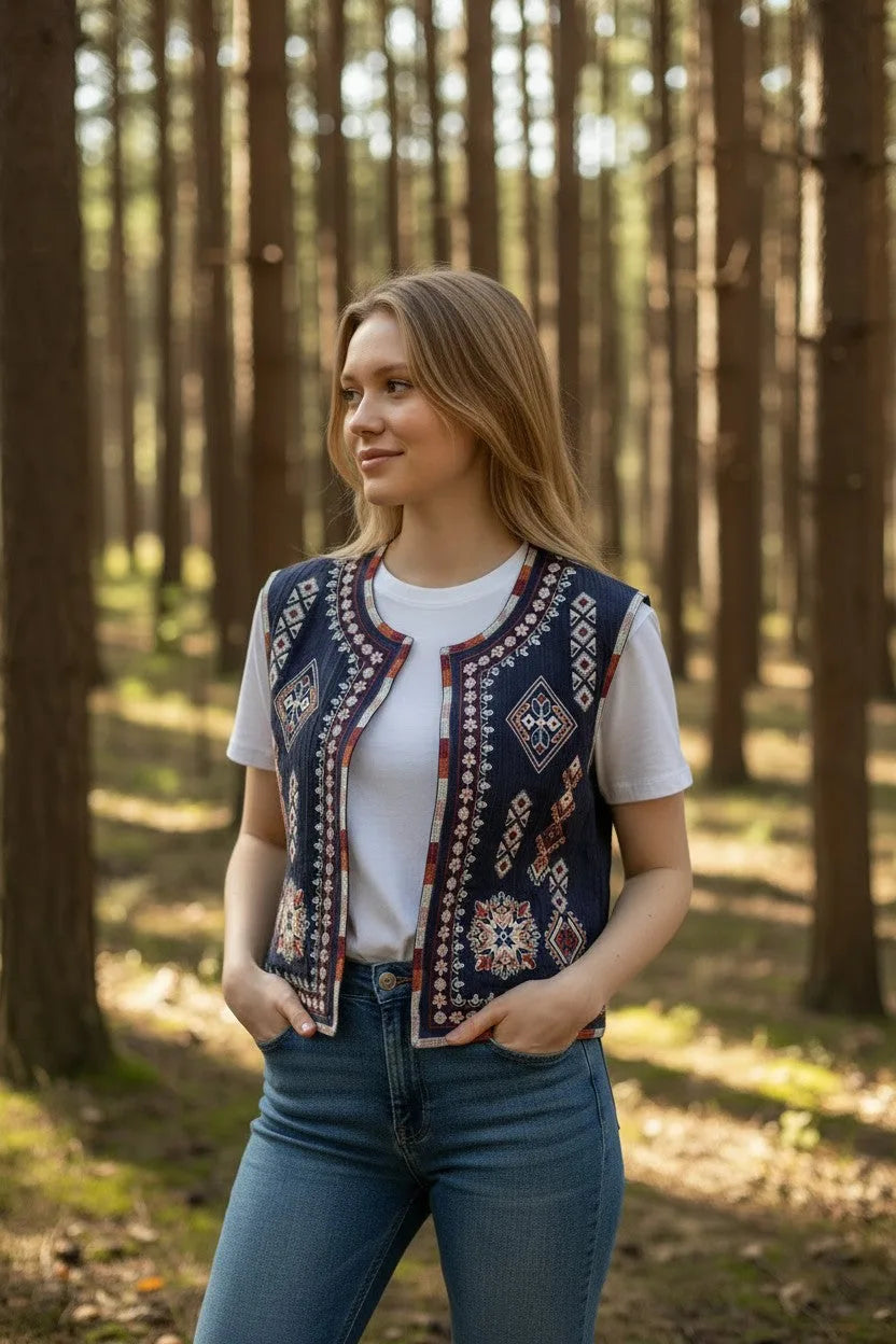 Side view of the navy embroidered gilet showing the intricate red and cream floral trim along the front opening.