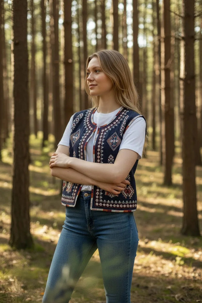 Three-quarter view of the model wearing the embroidered gilet with arms crossed, showing the full length and fit of the waistcoat.