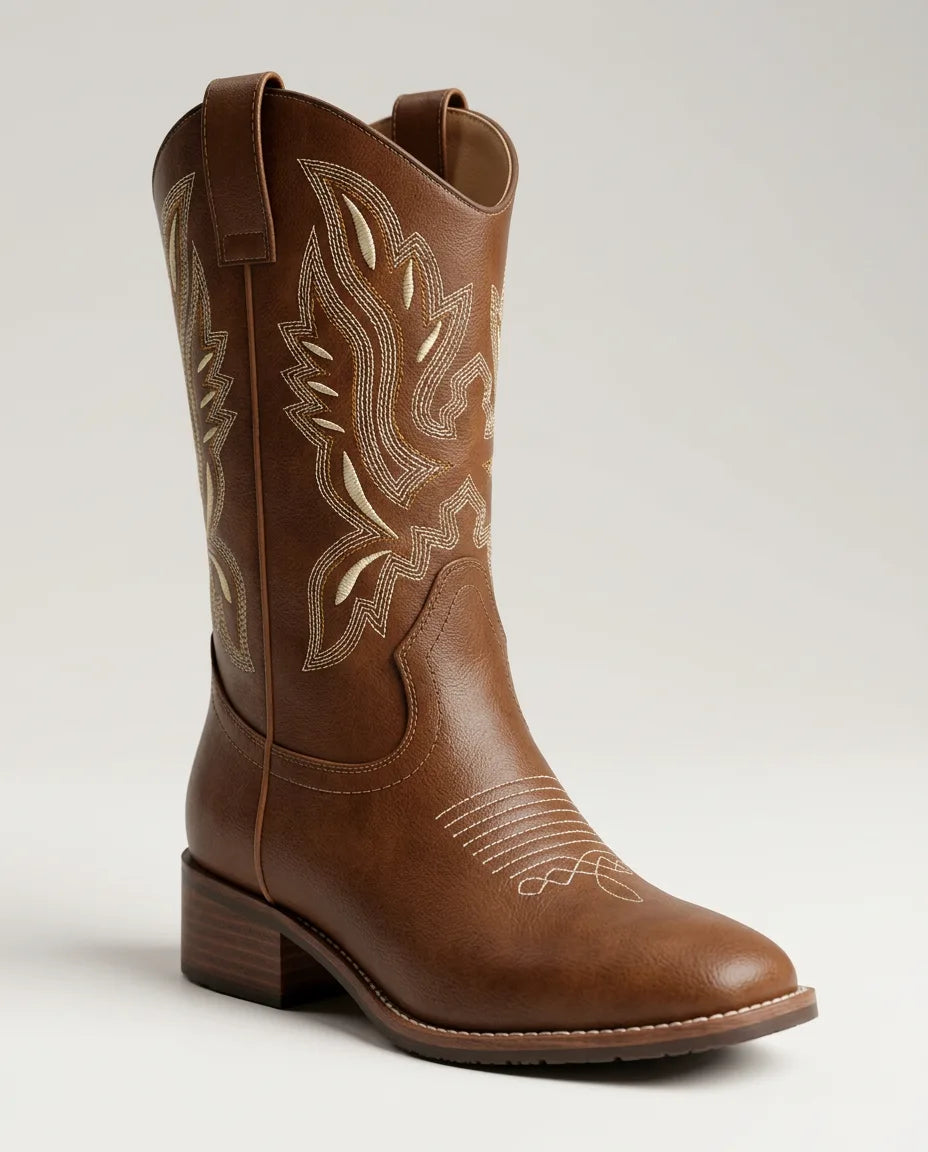 Three-quarter angle view of brown pull-on cowboy boot with cream floral stitched embroidery on the shaft and stacked heel
