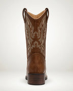 Back view of brown western boot showing symmetrical stitched embroidery design and pull tabs on either side