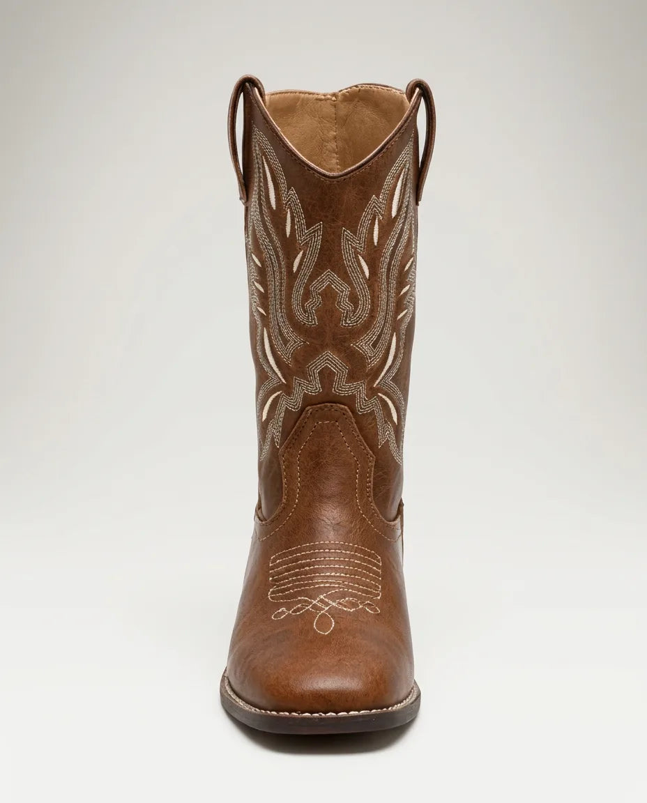 Front view of brown western boot showing matching pull tabs and detailed cream stitching along the shaft