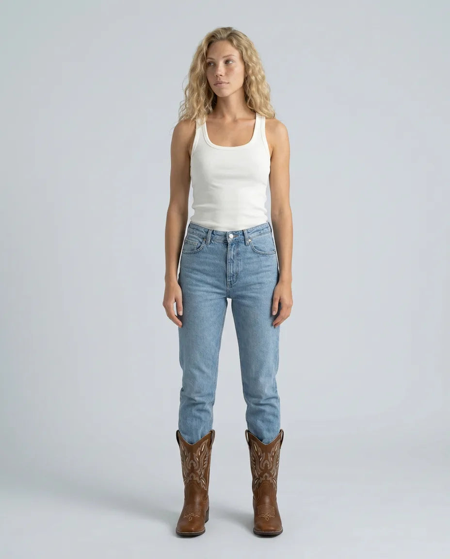 Woman wearing light wash denim jeans with brown embroidered cowboy boots in a full-length standing pose