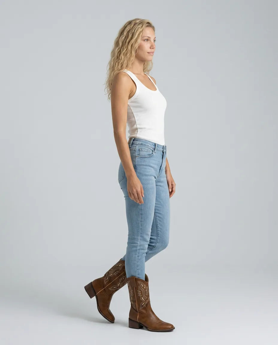 Side view of woman walking in light denim jeans paired with brown embroidered pull-on cowboy boots