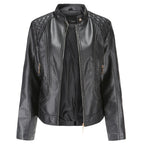 Front view of a black faux leather jacket, zipped open, with stand collar, quilted shoulder panels and gold-tone zip pockets