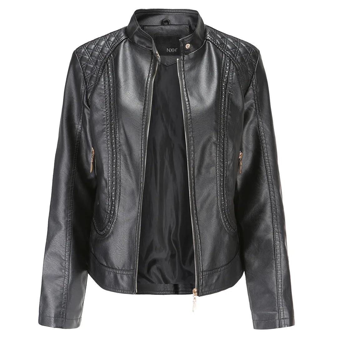 Front view of a black faux leather jacket, zipped open, with stand collar, quilted shoulder panels and gold-tone zip pockets