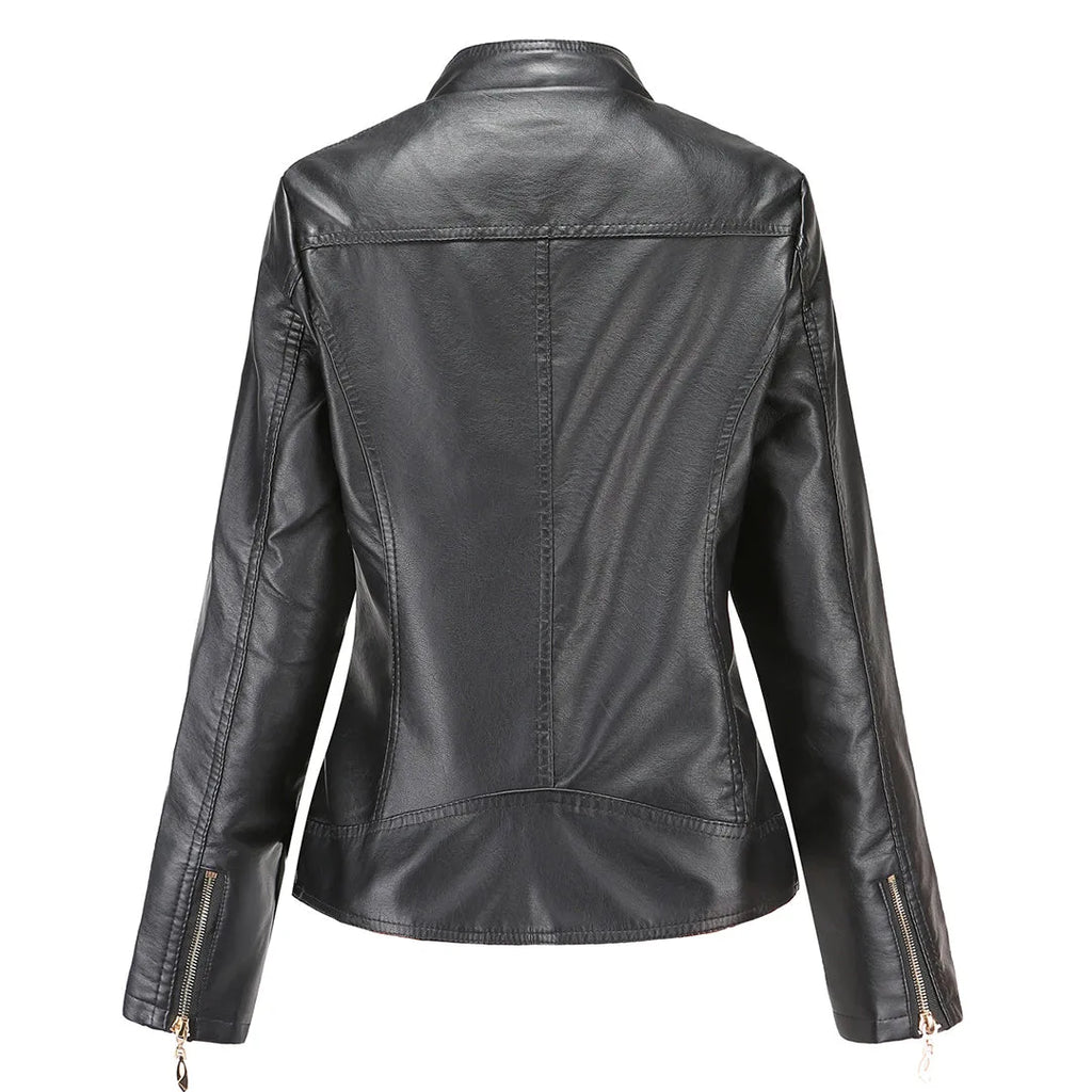Women's Fitted Faux Leather Biker Jacket with Quilted Shoulders image 10