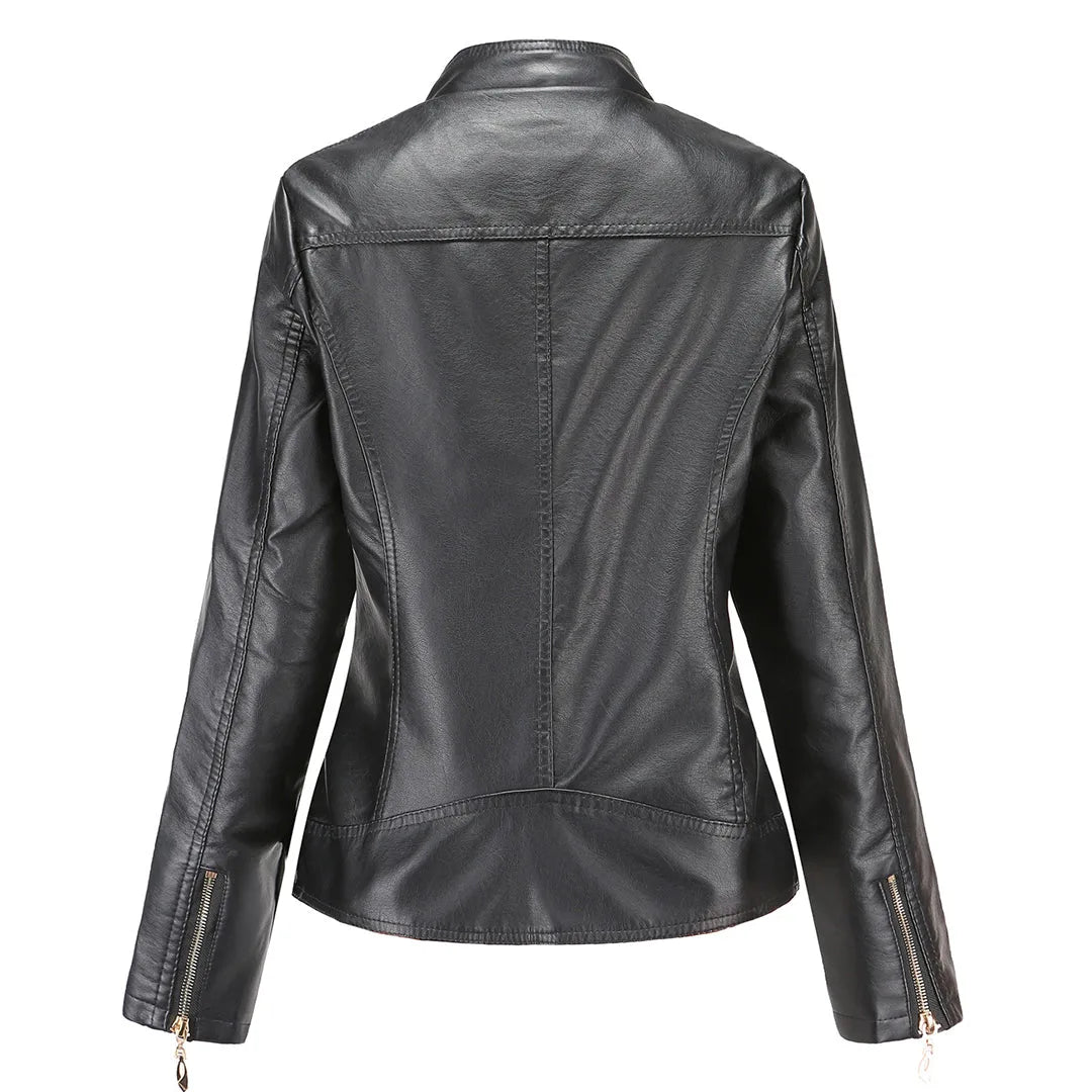 Women's Fitted Faux Leather Biker Jacket with Quilted Shoulders image 10
