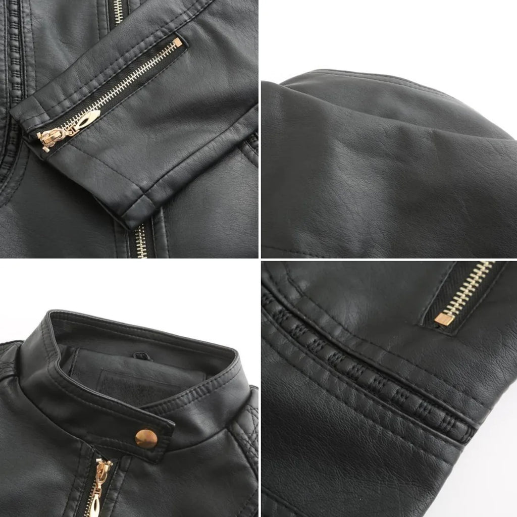 Women's Fitted Faux Leather Biker Jacket with Quilted Shoulders image 11