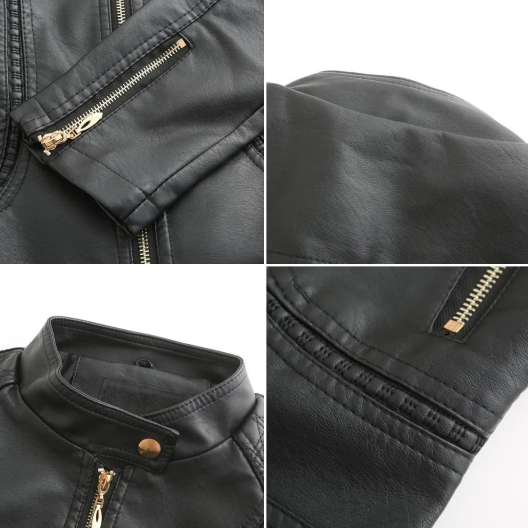 Women's Fitted Faux Leather Biker Jacket with Quilted Shoulders image 11