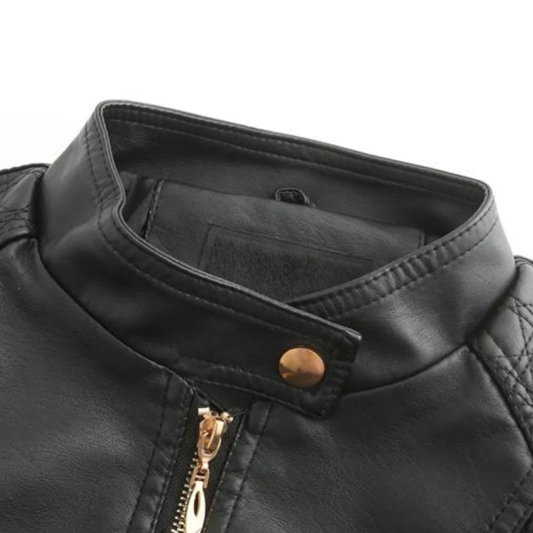 Women's Fitted Faux Leather Biker Jacket with Quilted Shoulders image 14