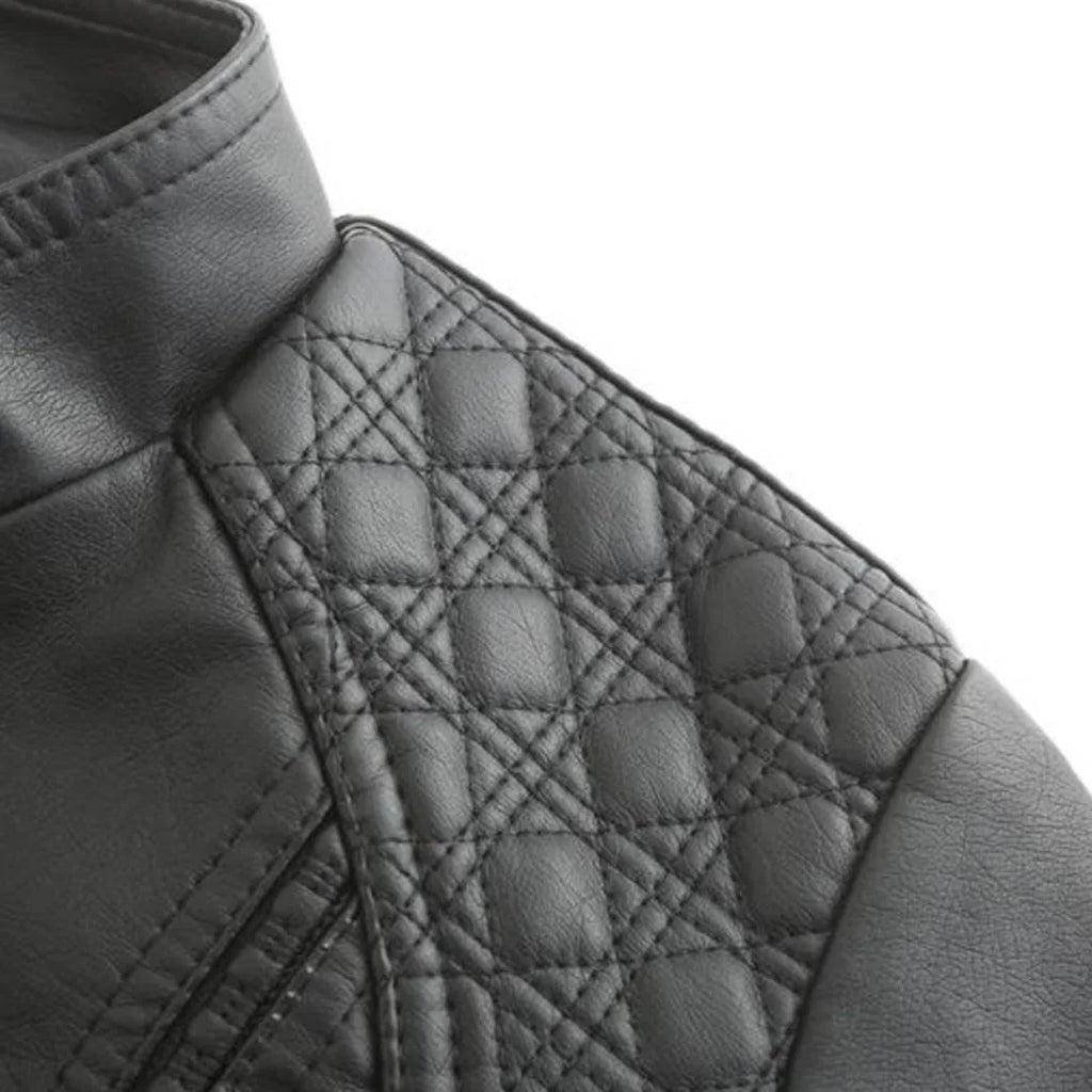 Women's Fitted Faux Leather Biker Jacket with Quilted Shoulders image 15