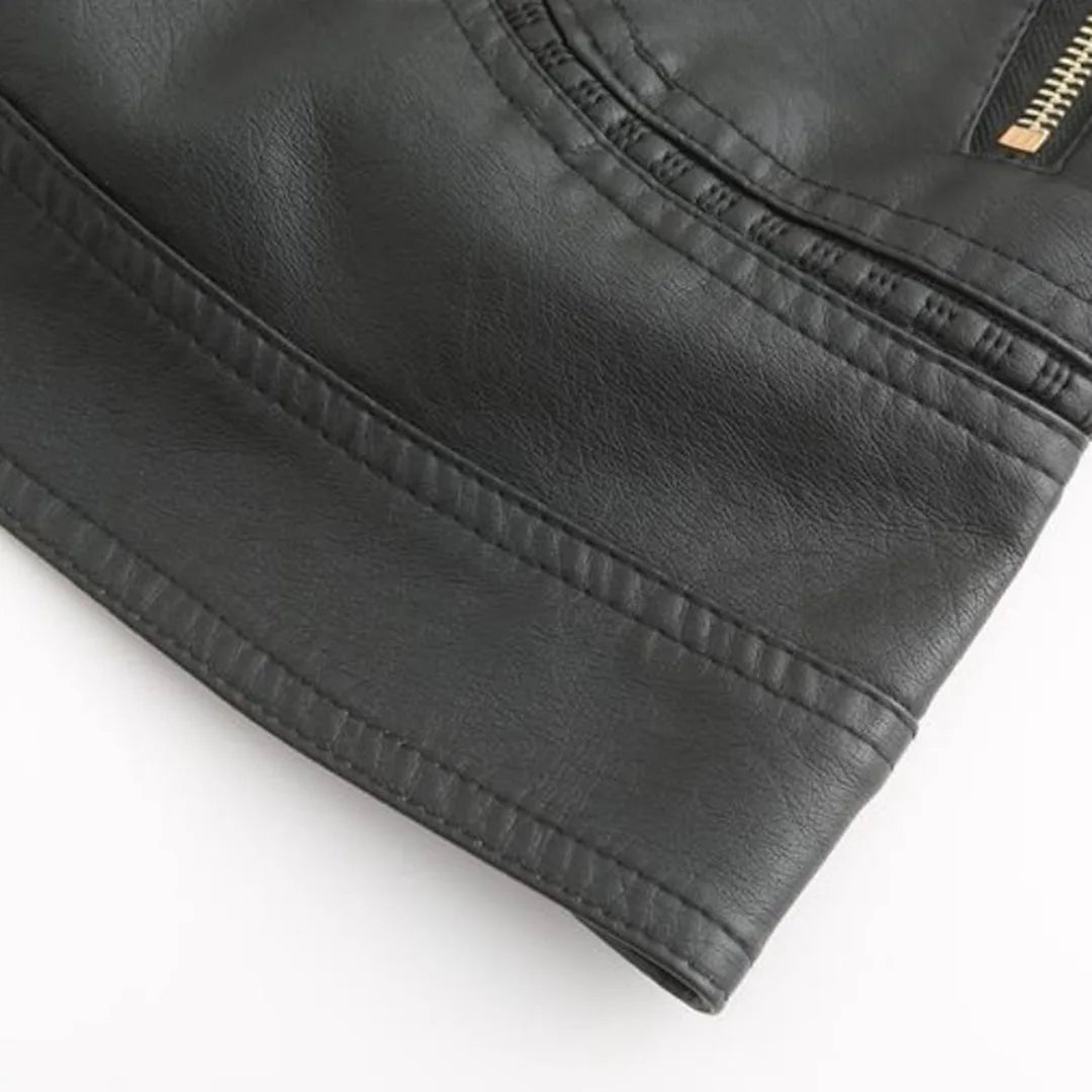 Women's Fitted Faux Leather Biker Jacket with Quilted Shoulders image 17