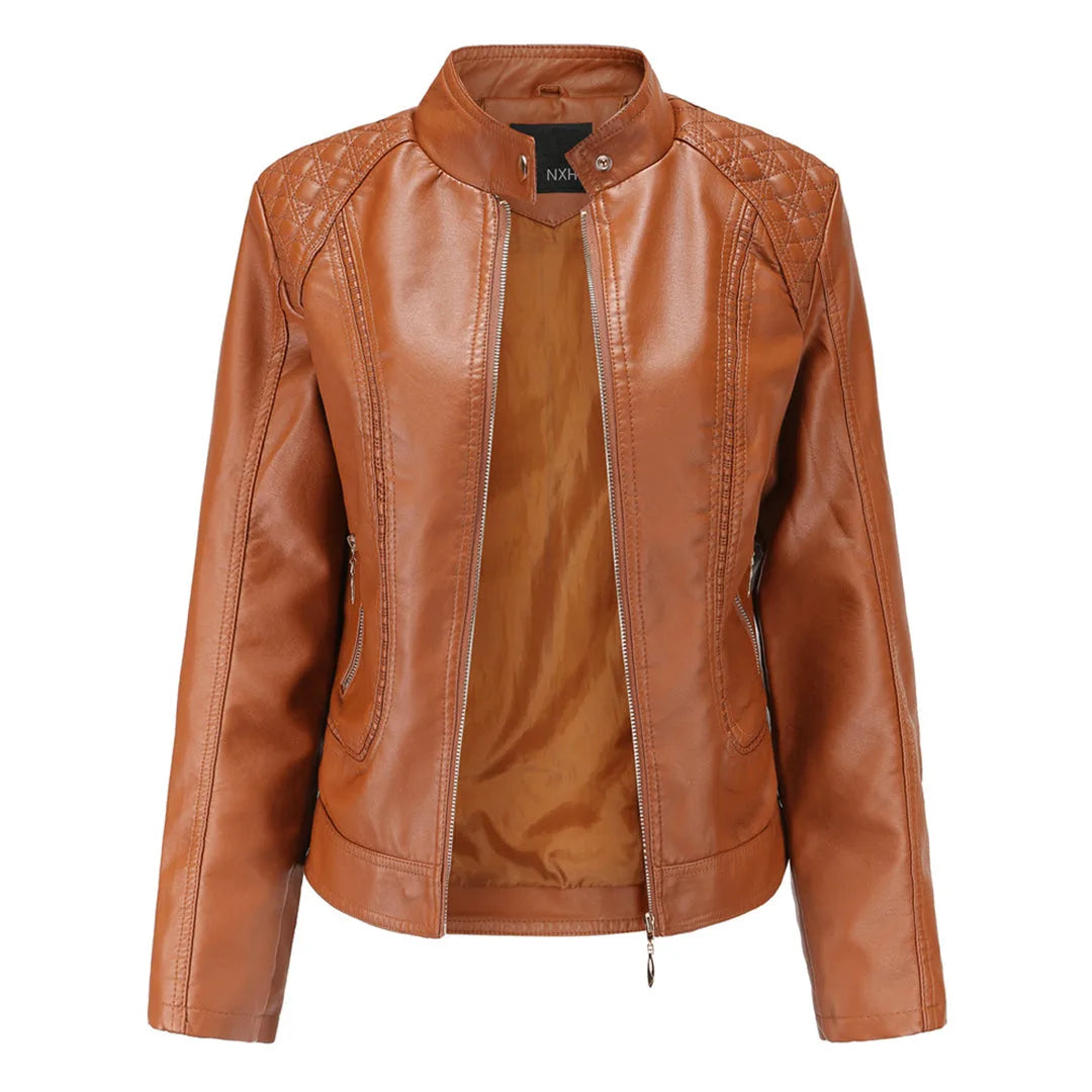 Fitted Faux Leather Biker Jacket with Quilted Shoulders