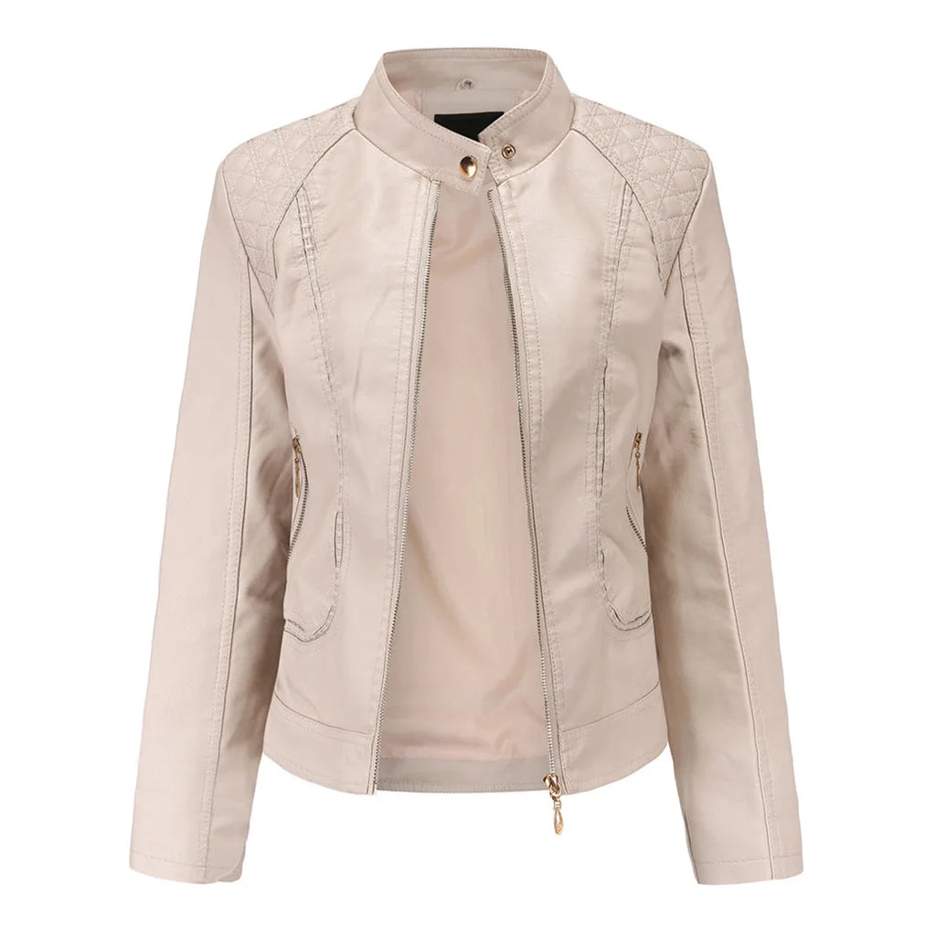 Light beige faux leather jacket with stand collar, press-stud neck fastening and quilted shoulder detail, shown open