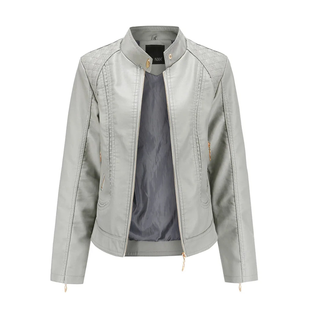 Grey faux leather jacket shown open, highlighting the satin-style lining, stand collar and zipped side pockets