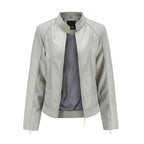 Grey faux leather jacket shown open, highlighting the satin-style lining, stand collar and zipped side pockets