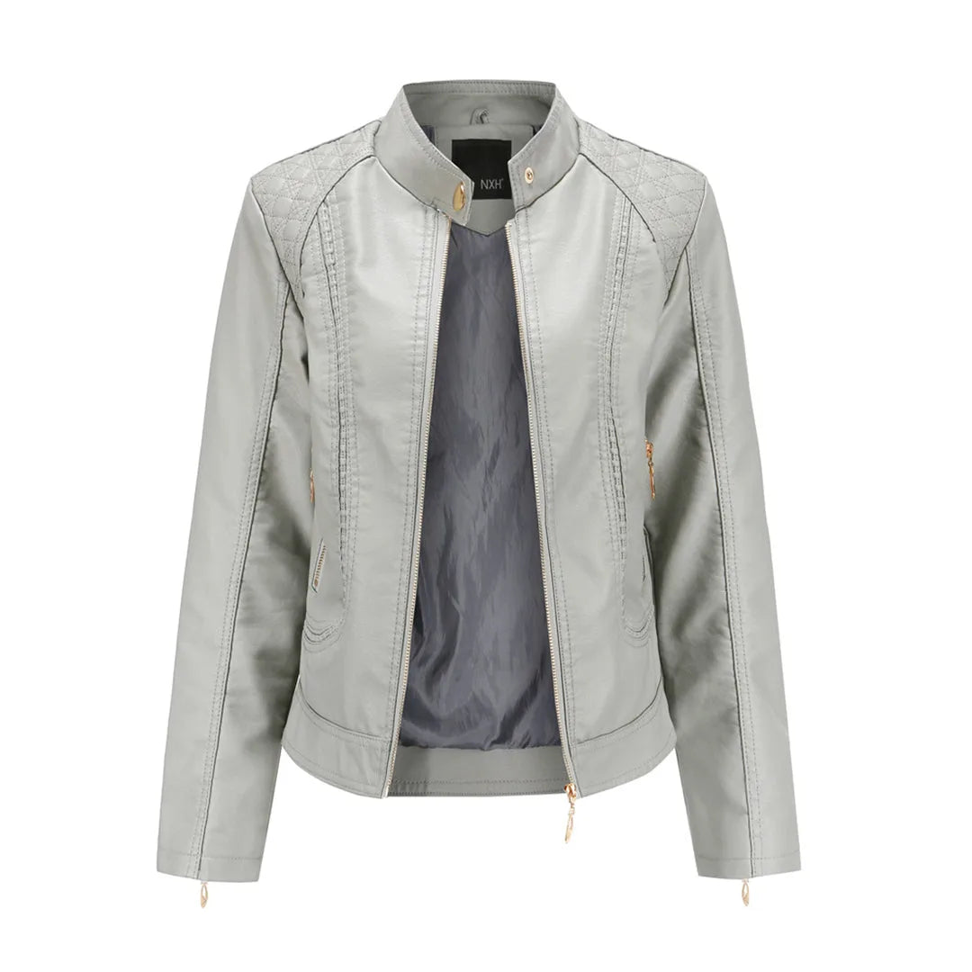 Grey faux leather jacket shown open, highlighting the satin-style lining, stand collar and zipped side pockets
