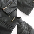 Close-up collage of black faux leather jacket details including gold zip pocket, hem stitching and quilted shoulder panel