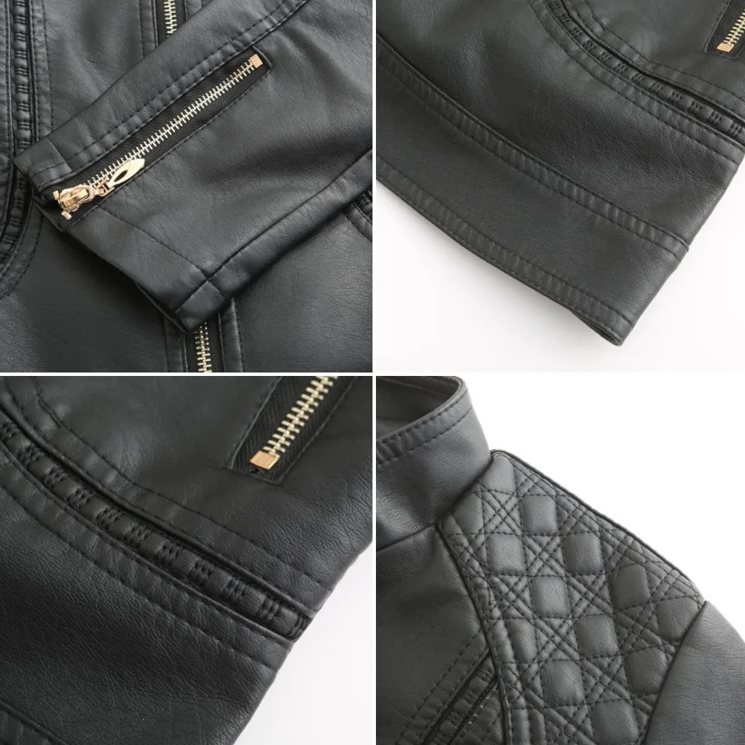 Close-up collage of black faux leather jacket details including gold zip pocket, hem stitching and quilted shoulder panel