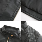Close-up collage showing the zip teeth, sleeve seam, collar press-stud fastening and diamond quilting on a black jacket