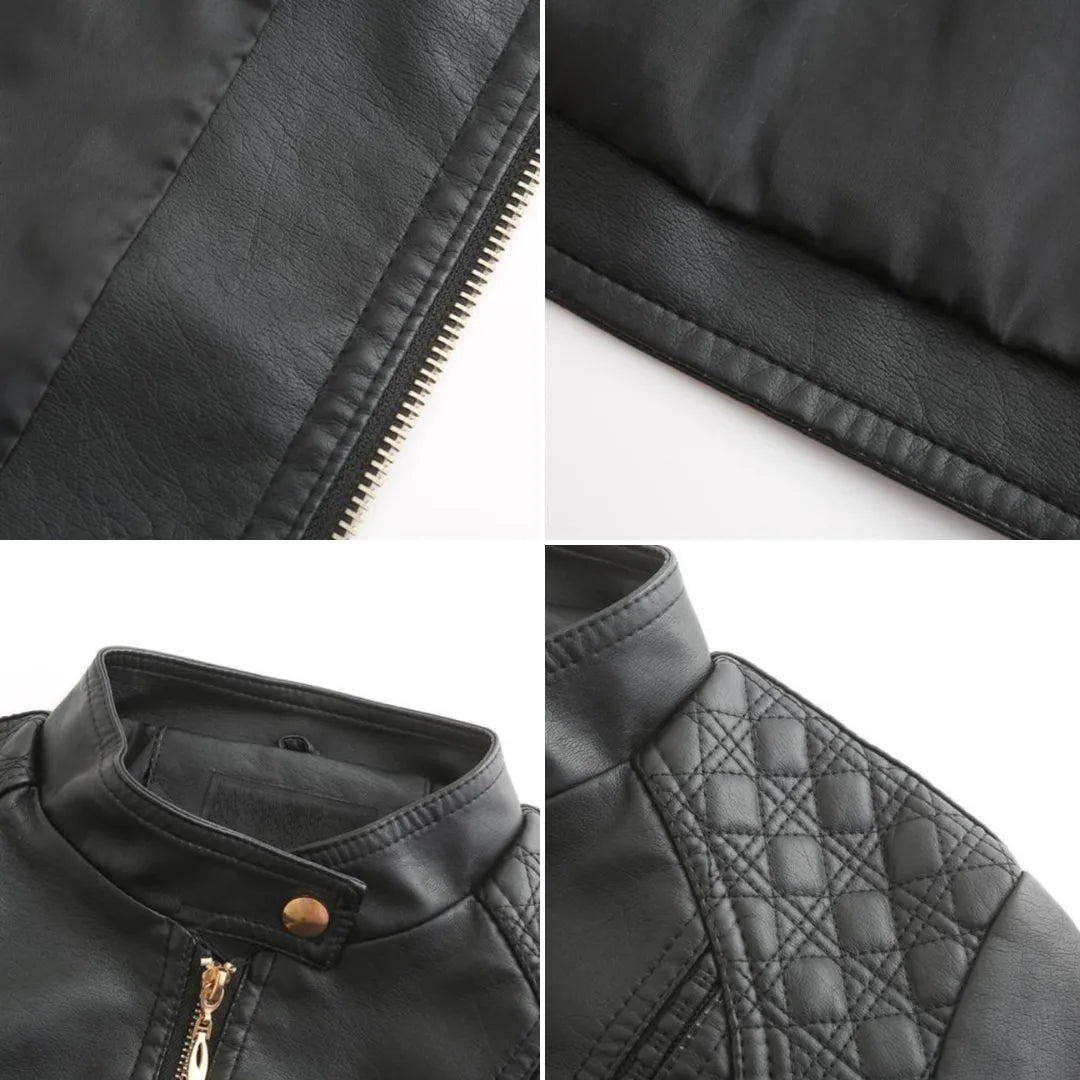 Close-up collage showing the zip teeth, sleeve seam, collar press-stud fastening and diamond quilting on a black jacket