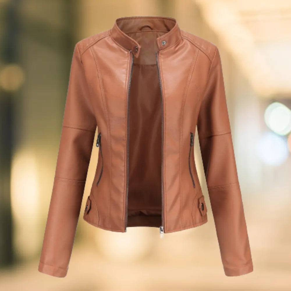 Tan faux leather jacket with stand collar and zip fastening, shown open over a bare mannequin