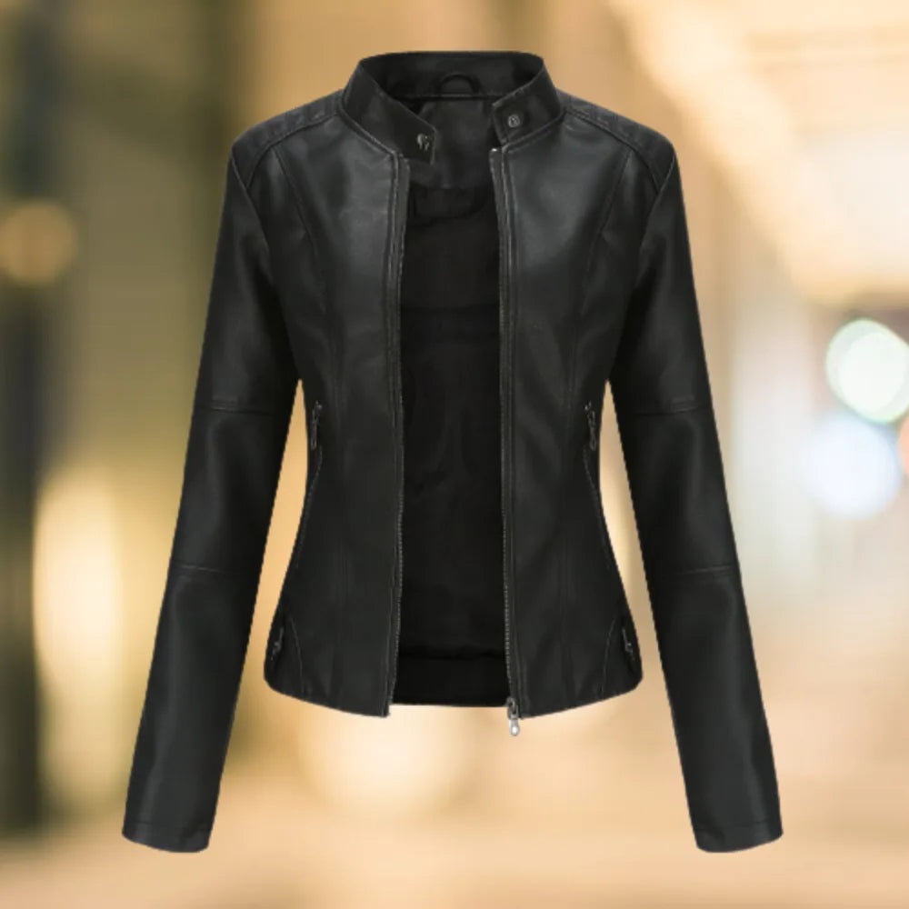 Black leather jacket with stand collar, unzipped to show the fitted silhouette and raglan sleeves