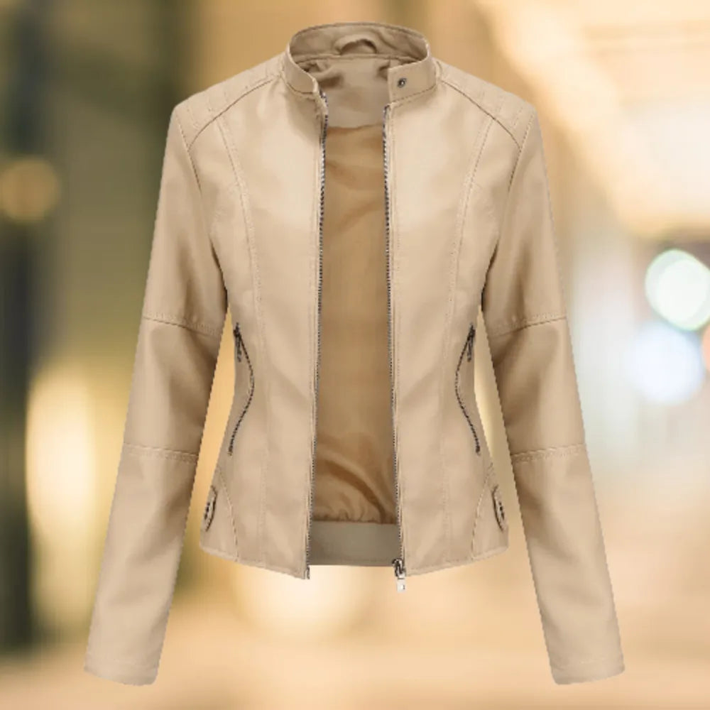 Beige leather jacket with stand collar and zip pockets, front open to reveal the lining